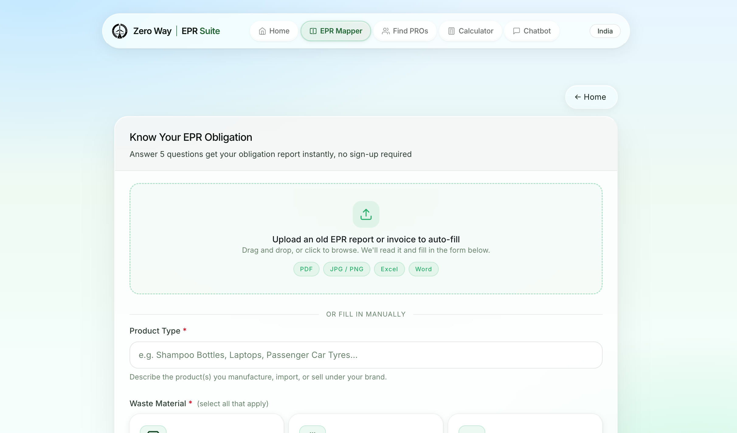 Zero Way EPR Suite, Know Your EPR Obligation screen